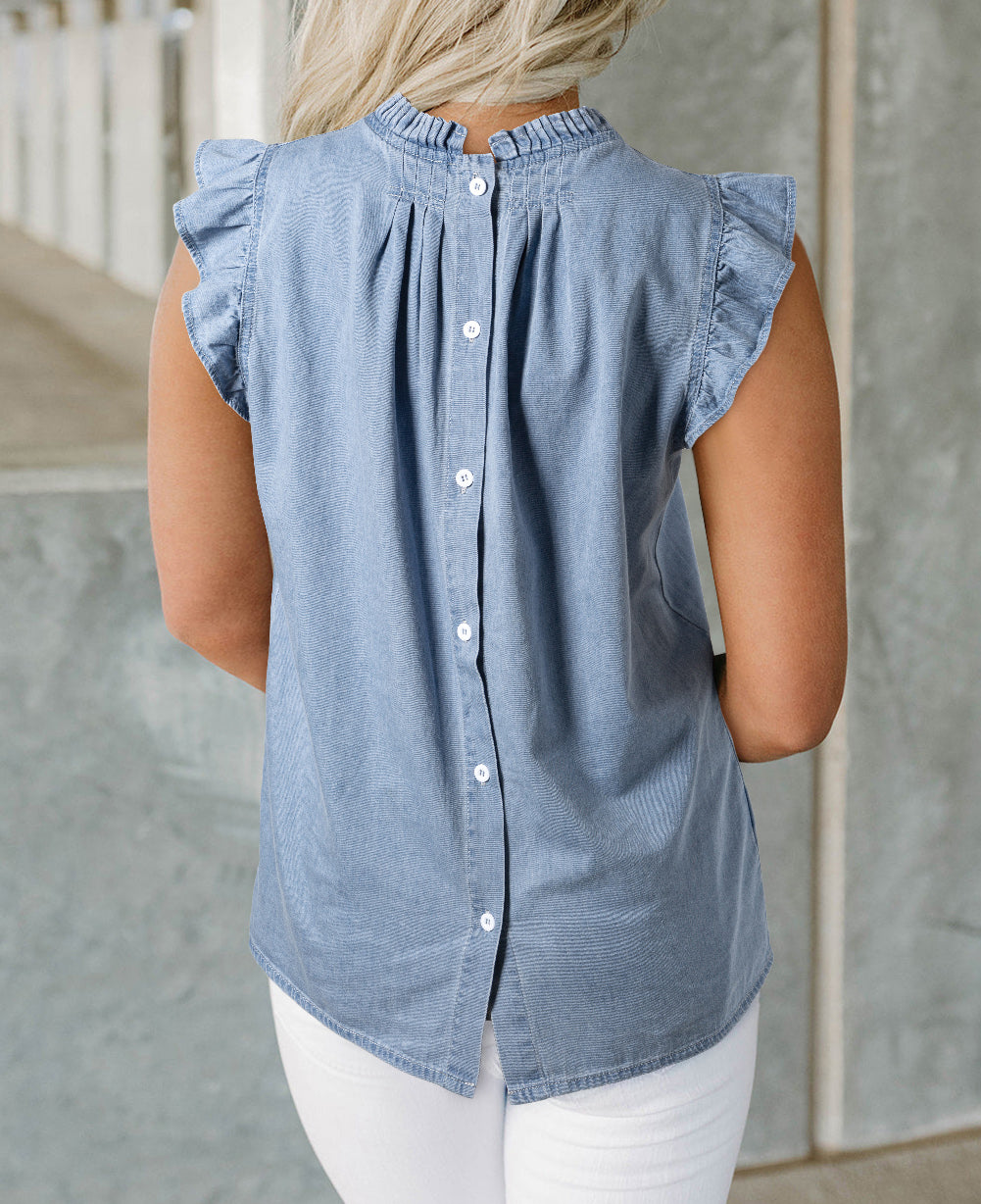 Frilly Pleated Button Back Retro Chambray Top