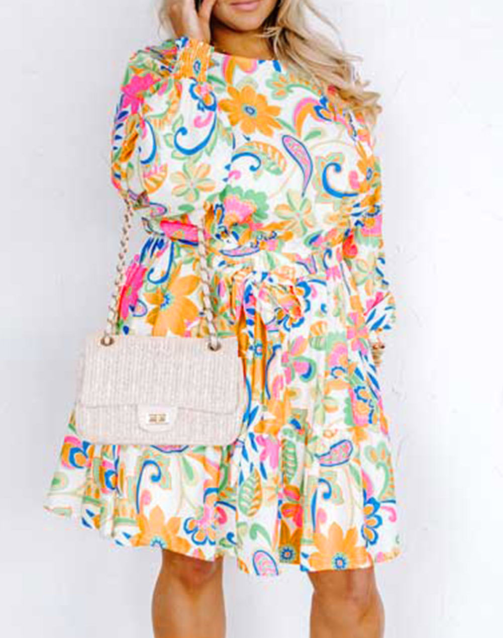 Paisley Floral Print Belted Plus Size Dress