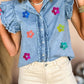 Sequin Flower Graphic Ruffled Sleeve Frayed Denim Top