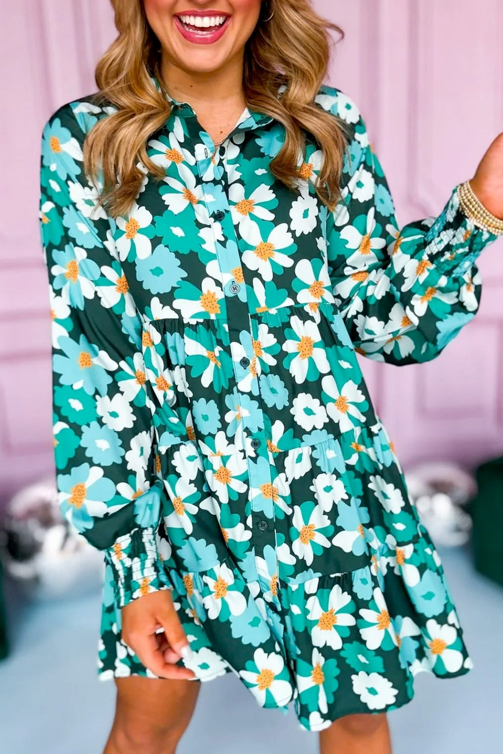 Floral Tiered Long Puff Sleeve Shirt Dress