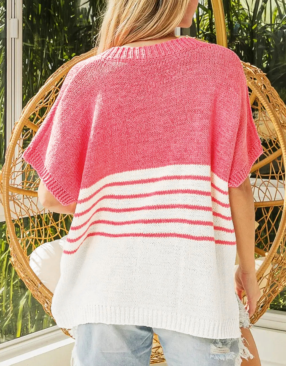 Contrast Stripes V Neck Knitted Short Sleeve Top