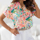 Abstract Floral Print Notch V Neck Rolled Short Sleeve Blouse