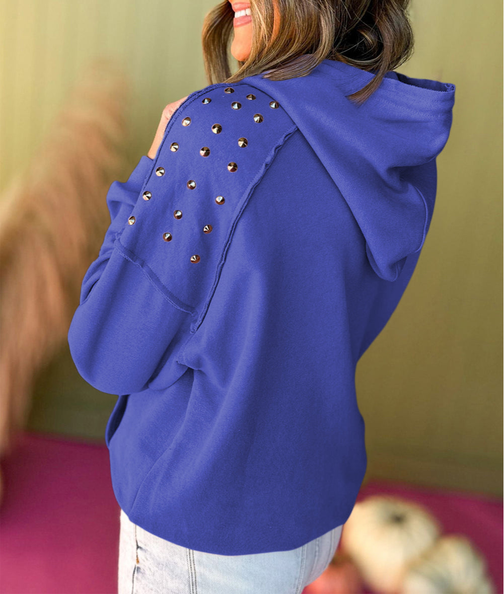 Solid Color Rivet Stud Raglan Sleeve Hoodie with Pocket