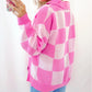 Checkerboard Half Button Collared Drop Shoulder Sweater