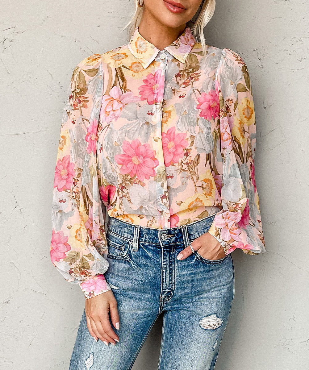 All Floral Puff Sleeve Collared Shirt