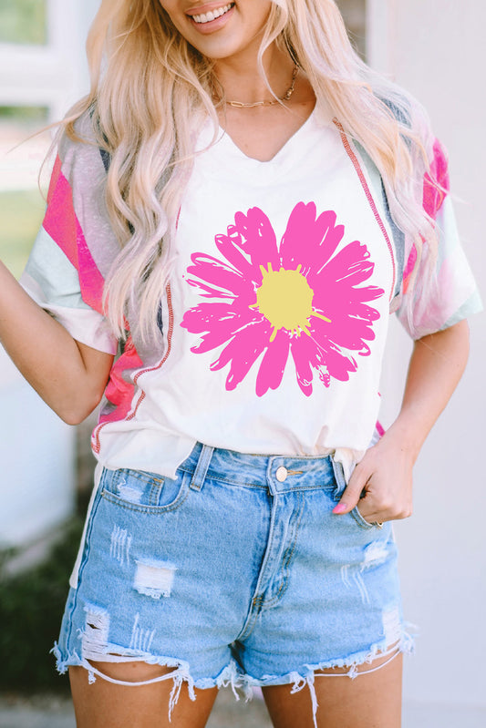 Daisy Printed Striped Colorblock Sleeve V Neck T Shirt