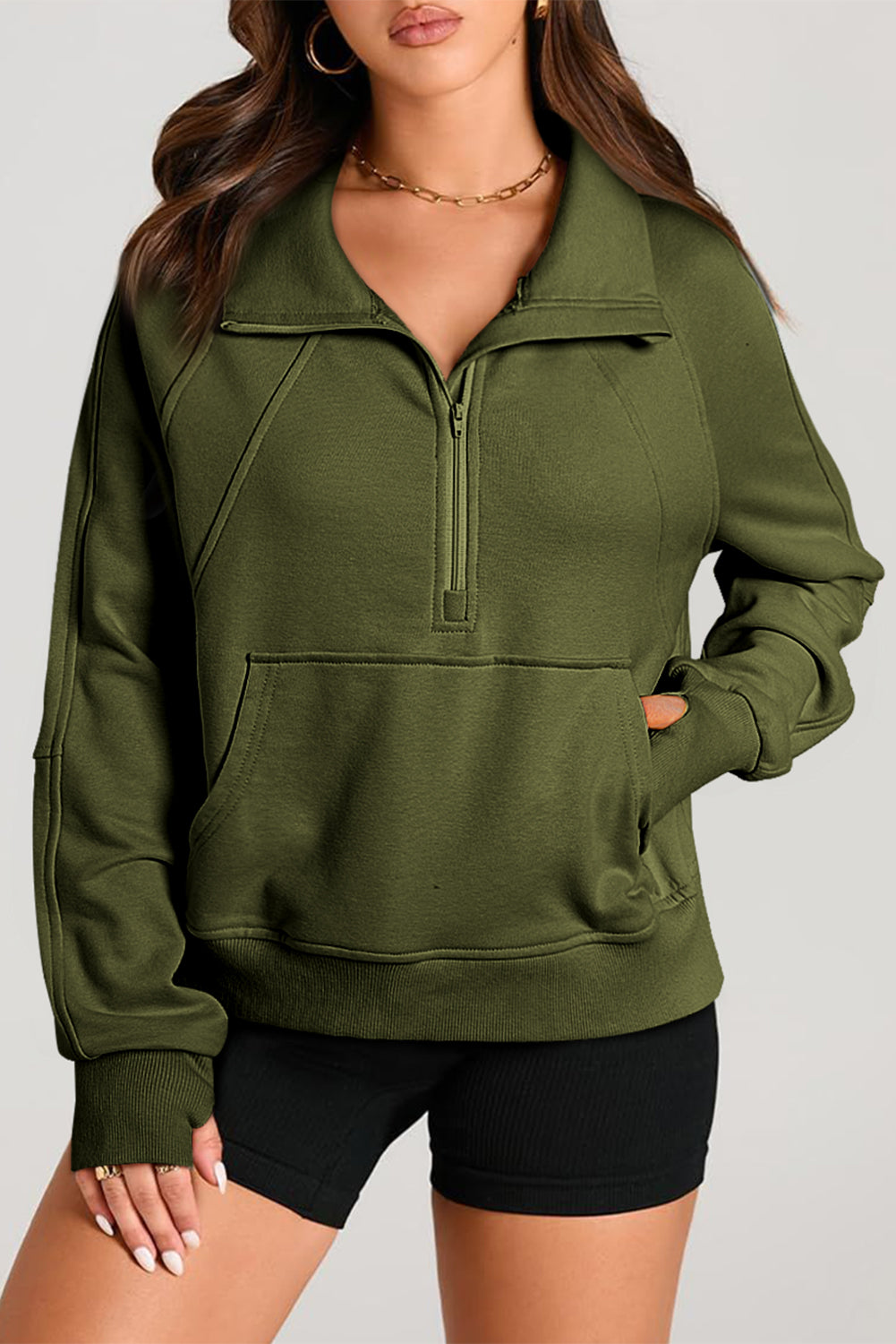 Zip Stand Neck Kangaroo Pocket Sweatshirt