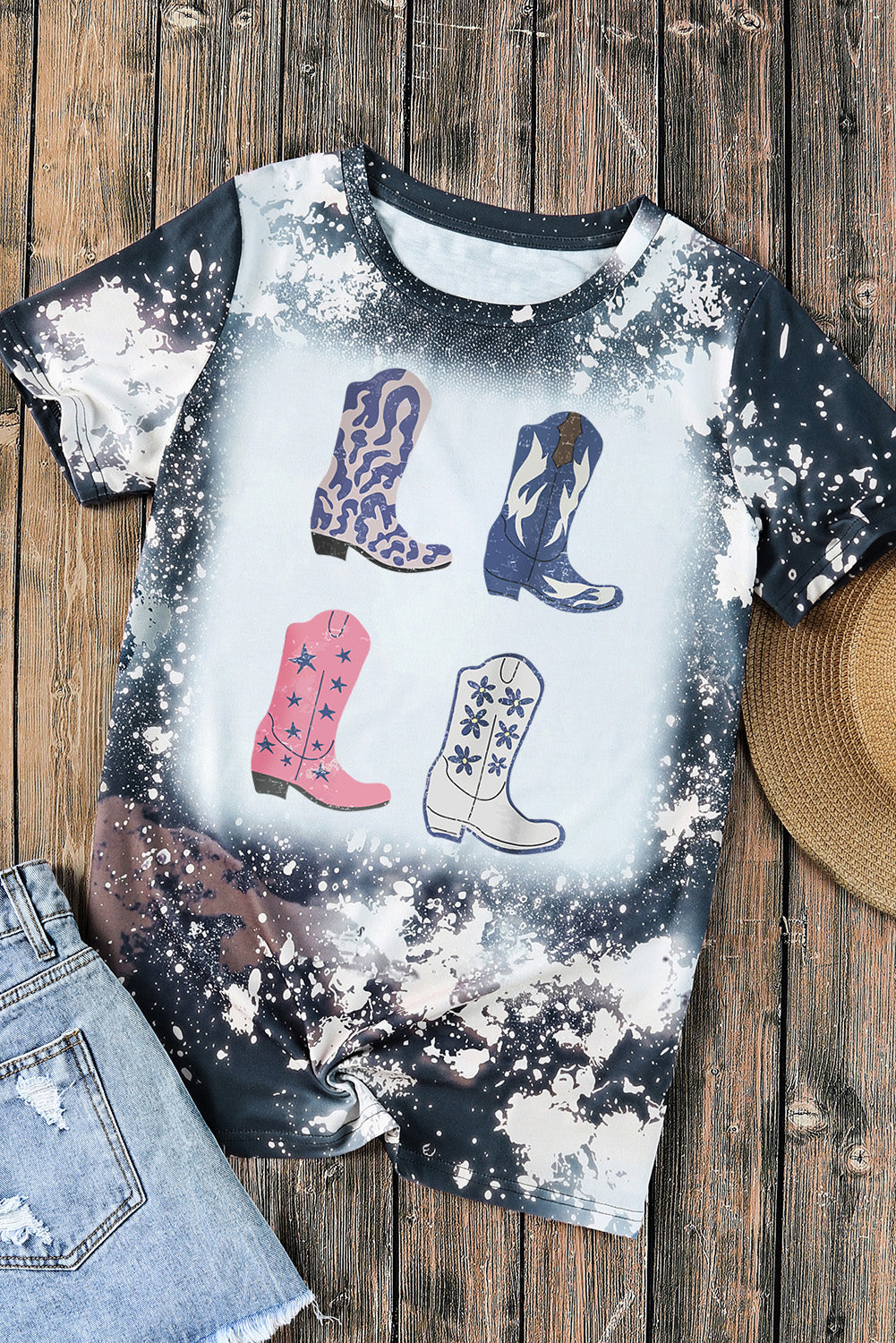 Tie Dye Western Boots Printed Crewneck T-shirt