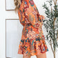 Orange Bubble Sleeve Belted Floral Dress