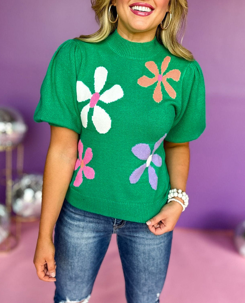 Floral Bubble Short Sleeve Sweater