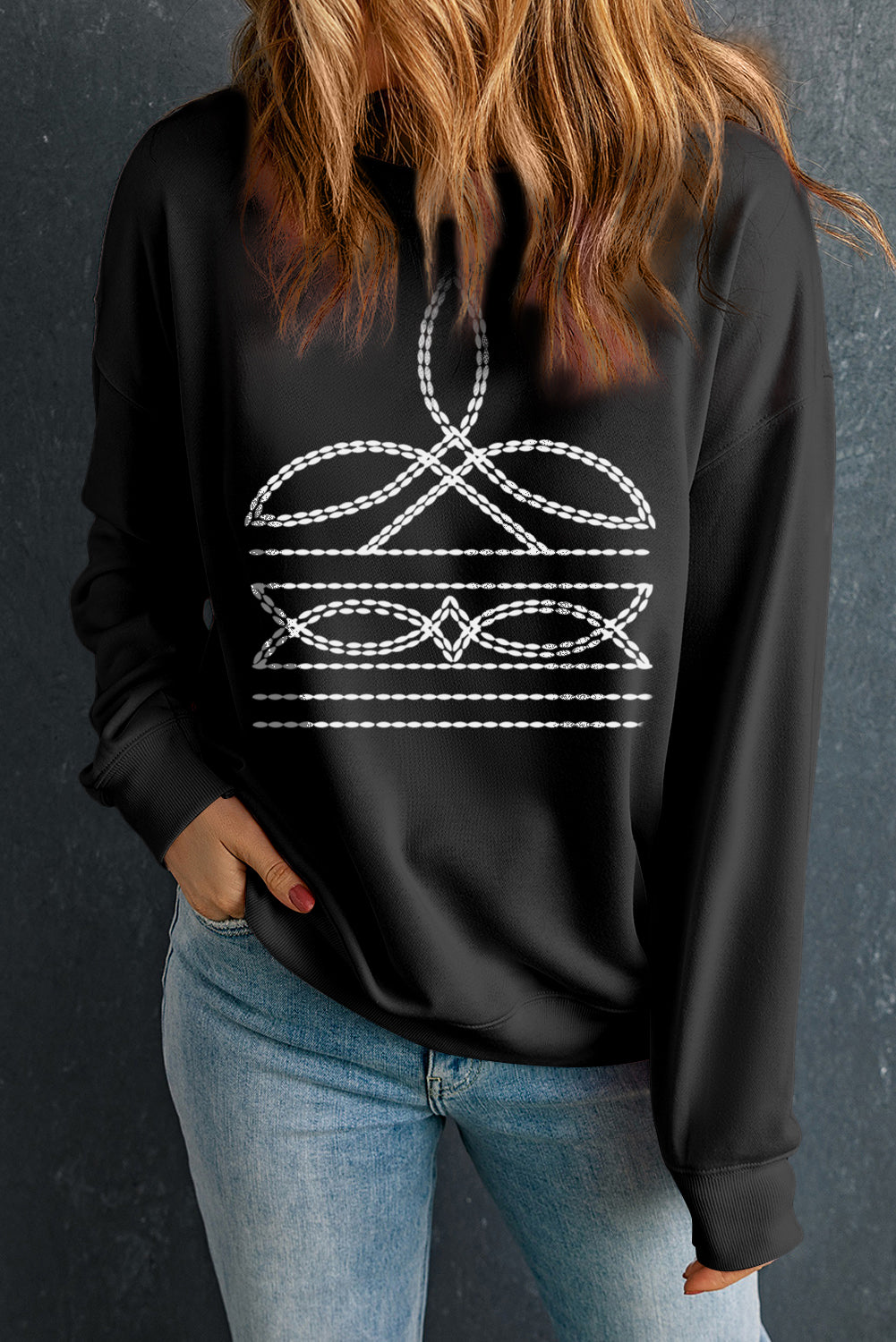 Western Pattern Print Round Neck Pullover Sweatshirt