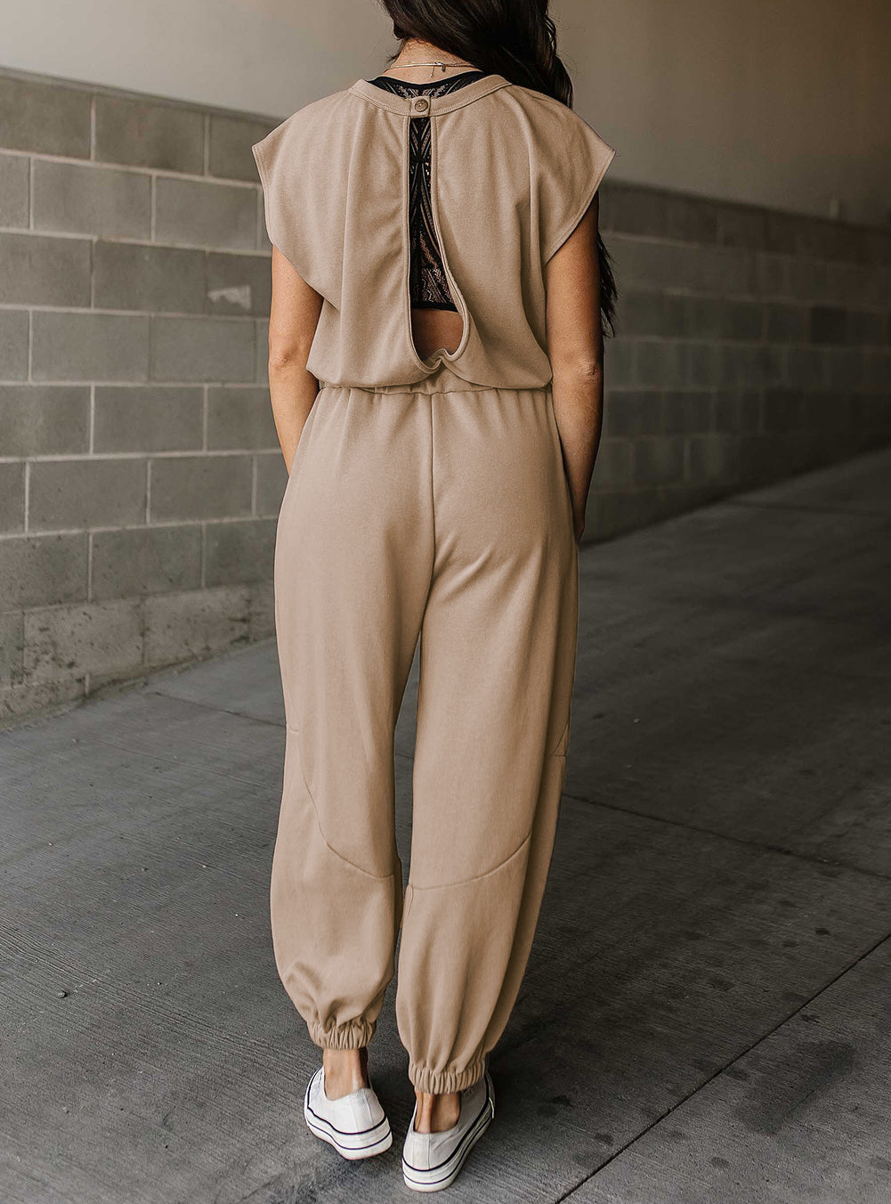 Cap Sleeve Open Back Drawstring Jogger Jumpsuit