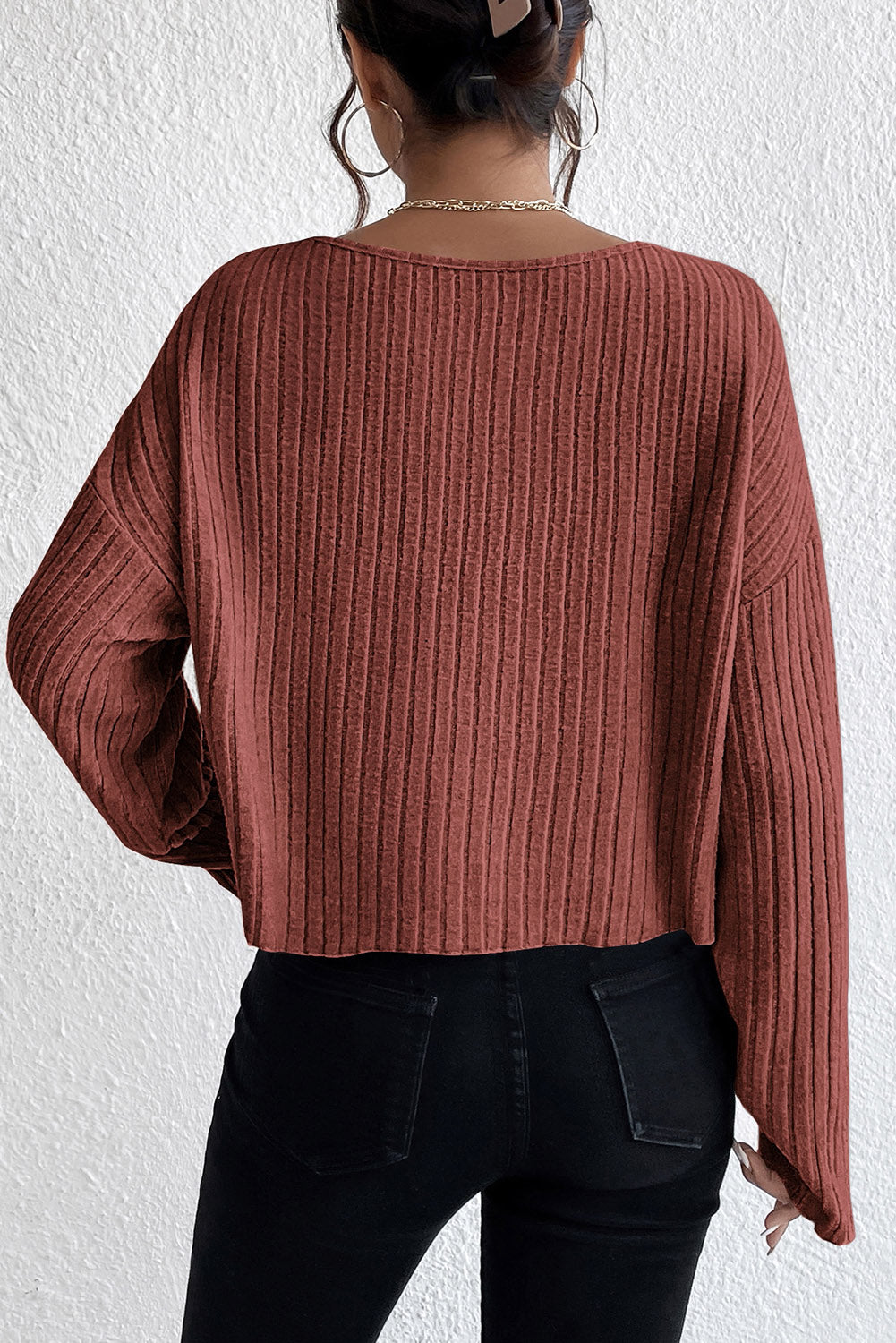 Lettuce Cuffs Drop Shoulder Loose Ribbed Knit Top