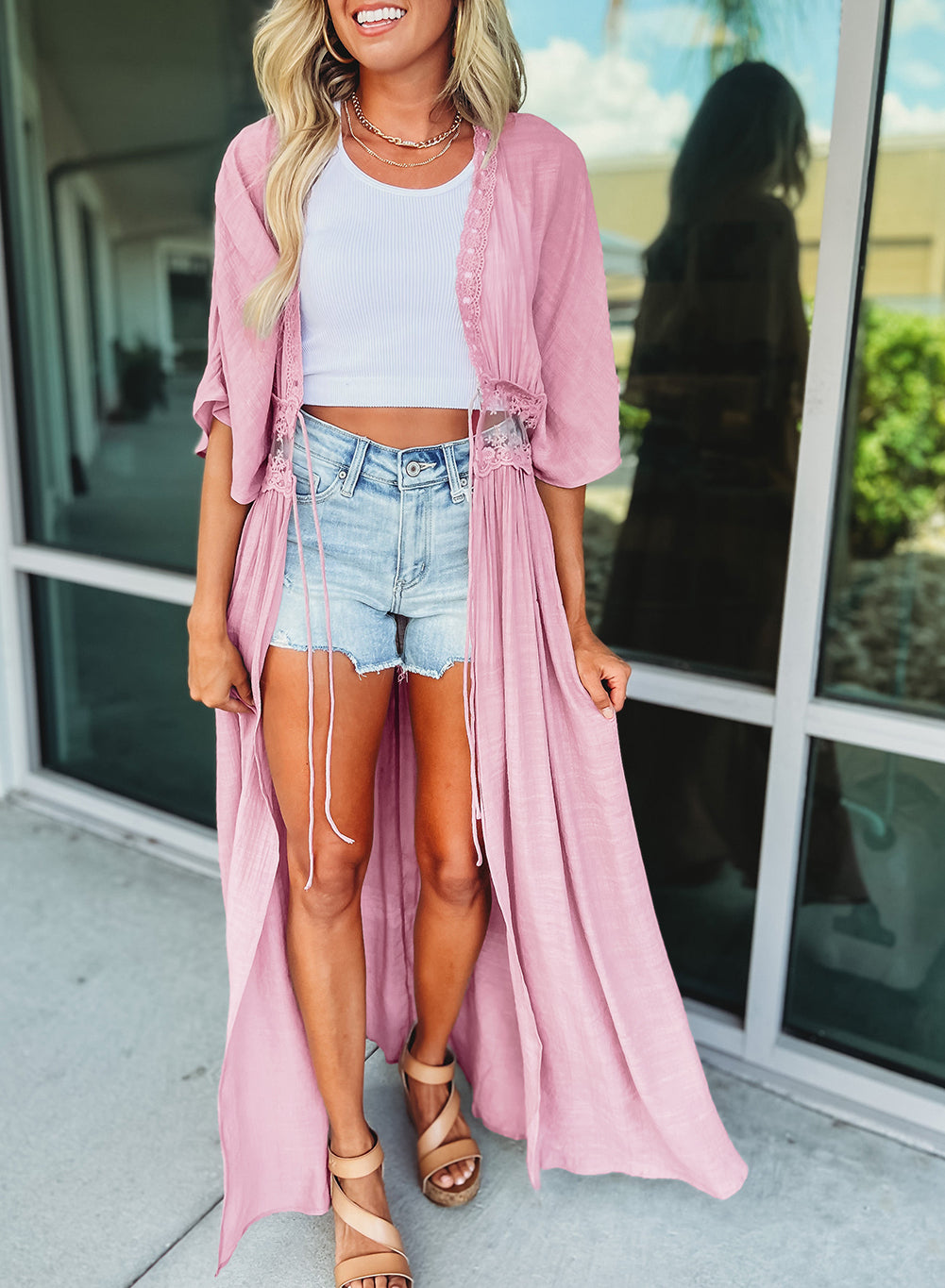 Lace Splicing Open Front Maxi Kimono