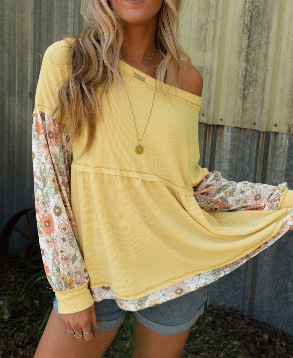 Floral Patchwork Waffle Knit Babydoll Blouse