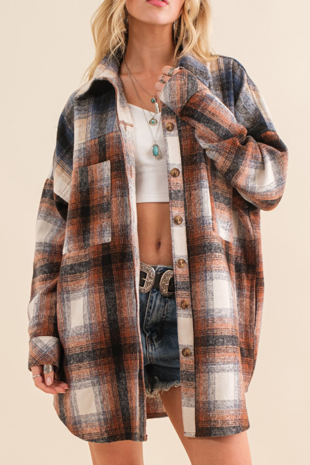 Retro Plaid Button up Long Sleeve Shacket with Pockets