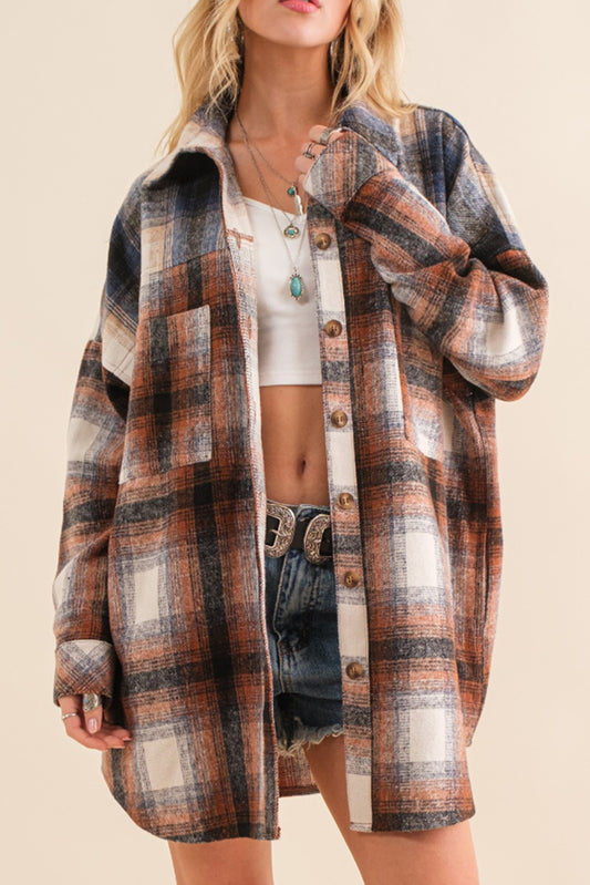 Retro Plaid Button up Long Sleeve Shacket with Pockets