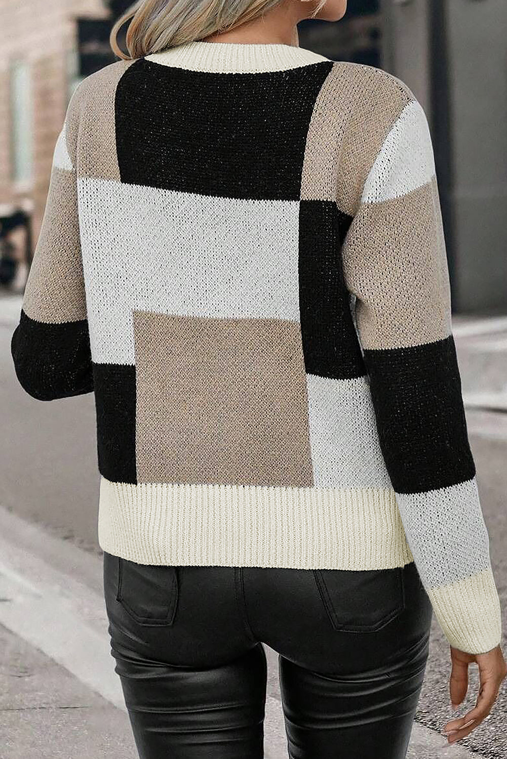 Plaid Patchwork Long Sleeve Knitted Sweater