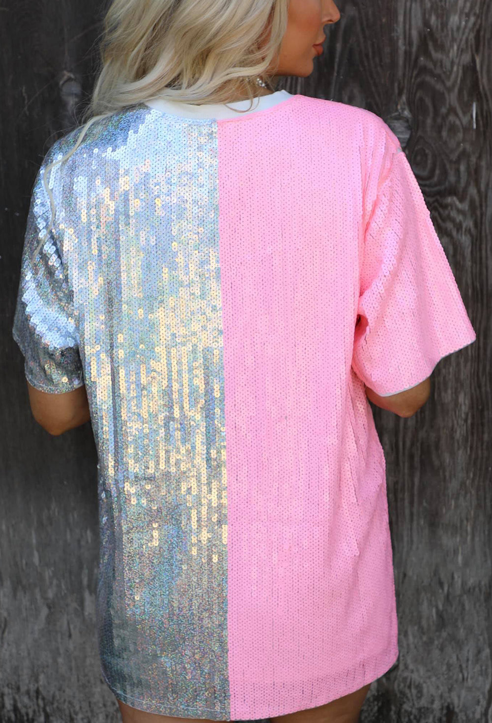 Pink Sequin Color Block Half Sleeve Shift Mini Dress