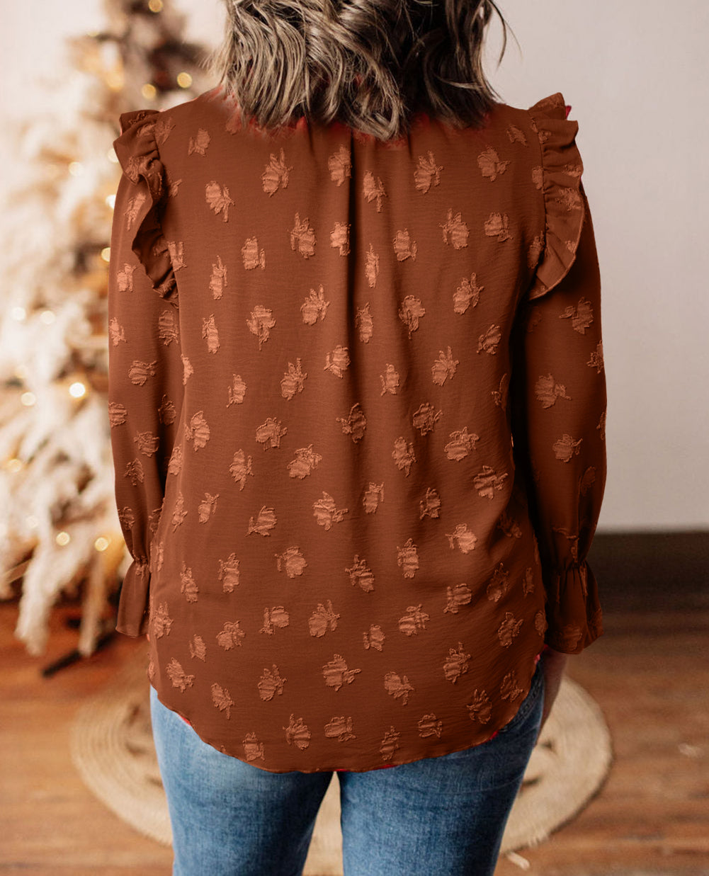 Plus Size Textured Frill Trim Flounce Sleeve Blouse