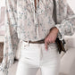 White Floral Tie Neck Long Sleeve Crinkle Blouse