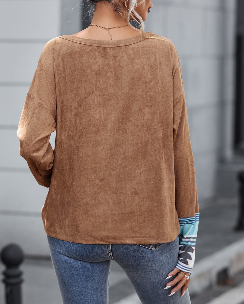 Aztec Print Patchwork Chest Pocket Long Sleeve Top