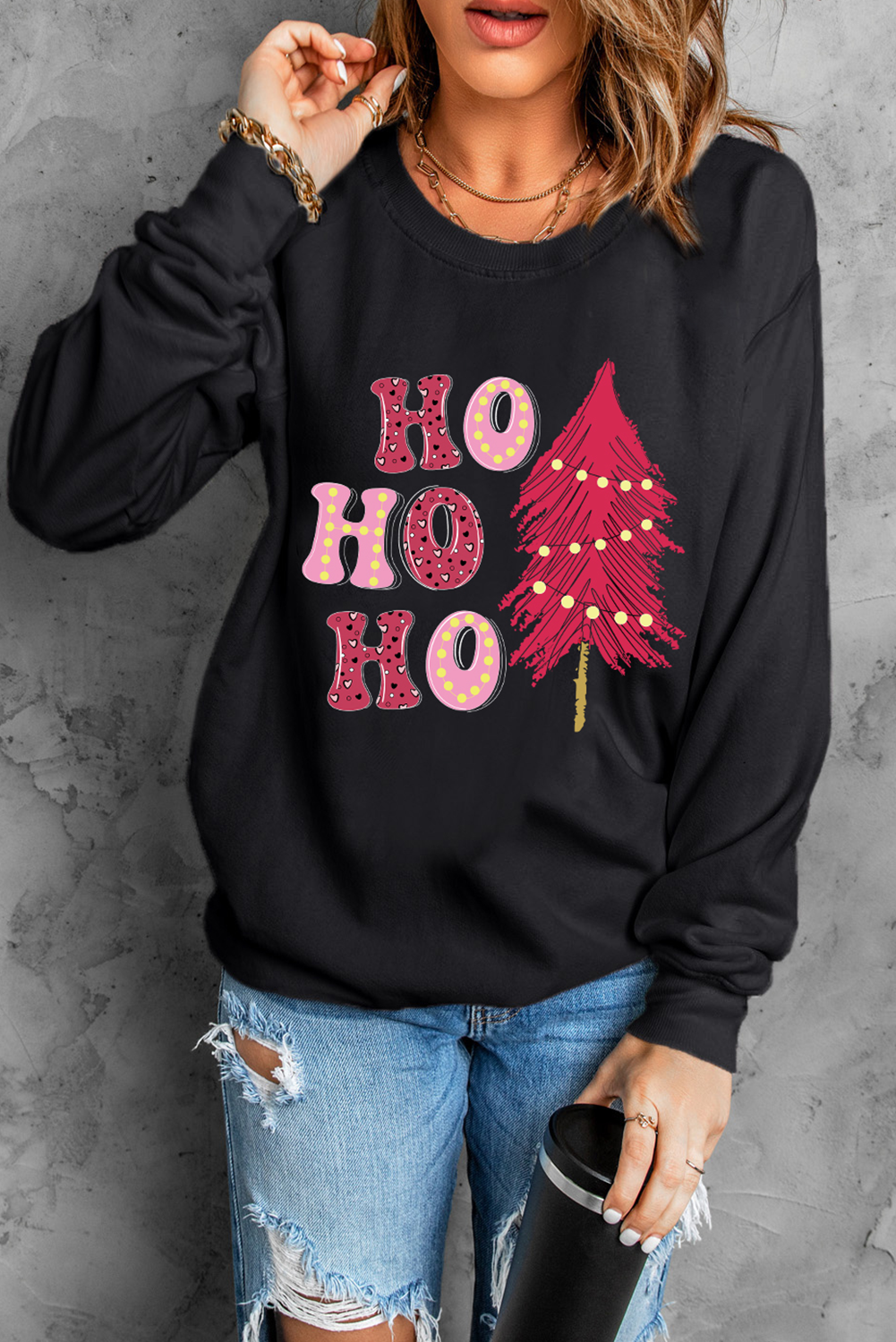 HO HO HO Christmas Tree Graphic Pullover Sweatshirt