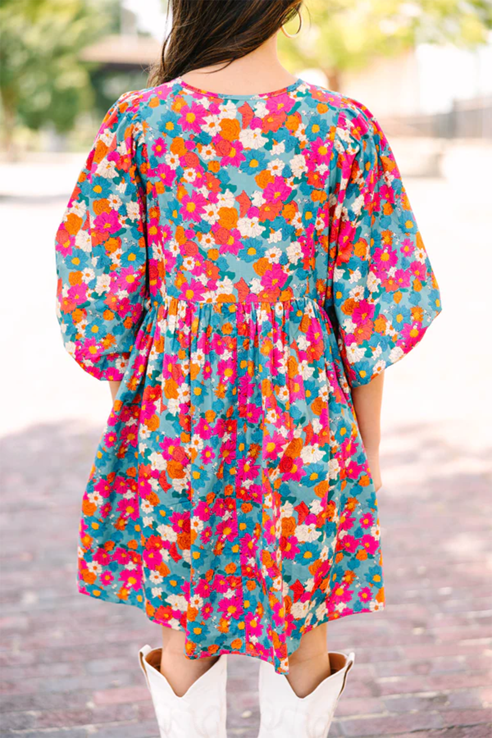 Floral Print Tie Split Neck Bubble Sleeve Babydoll Dress