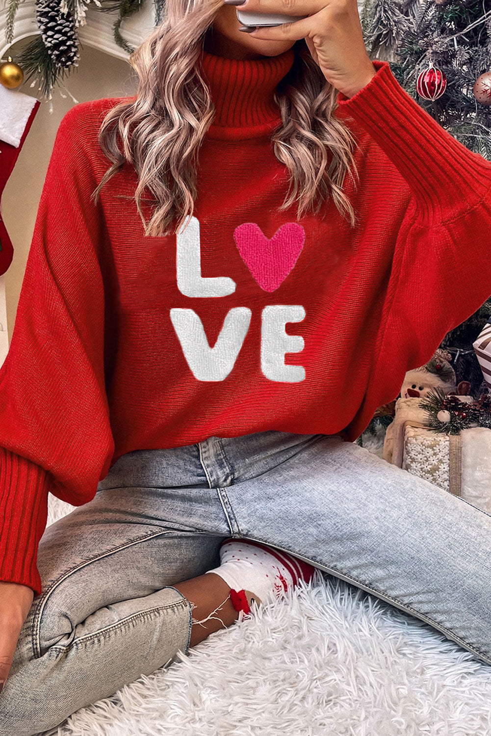 Red Valentine LOVE Letter Embroidered High Neck Sweater