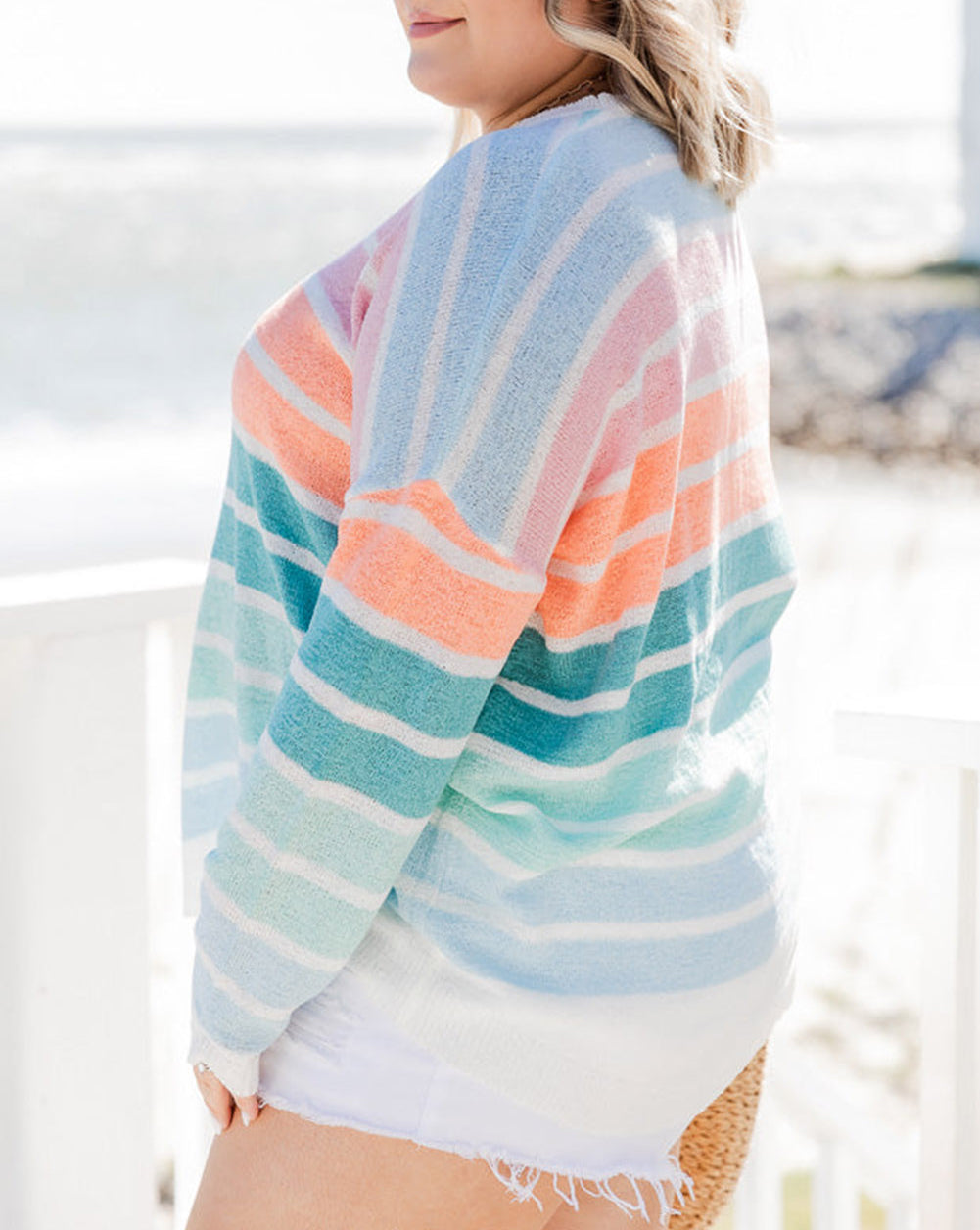 Striped Long Sleeve Crewneck Plus Size Sweater