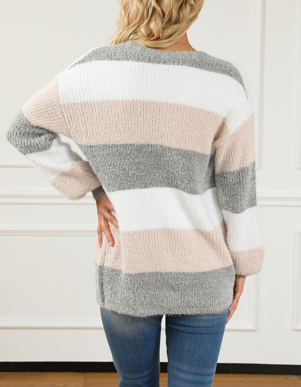 Color Block Button Front Fuzzy Knit Cardigan