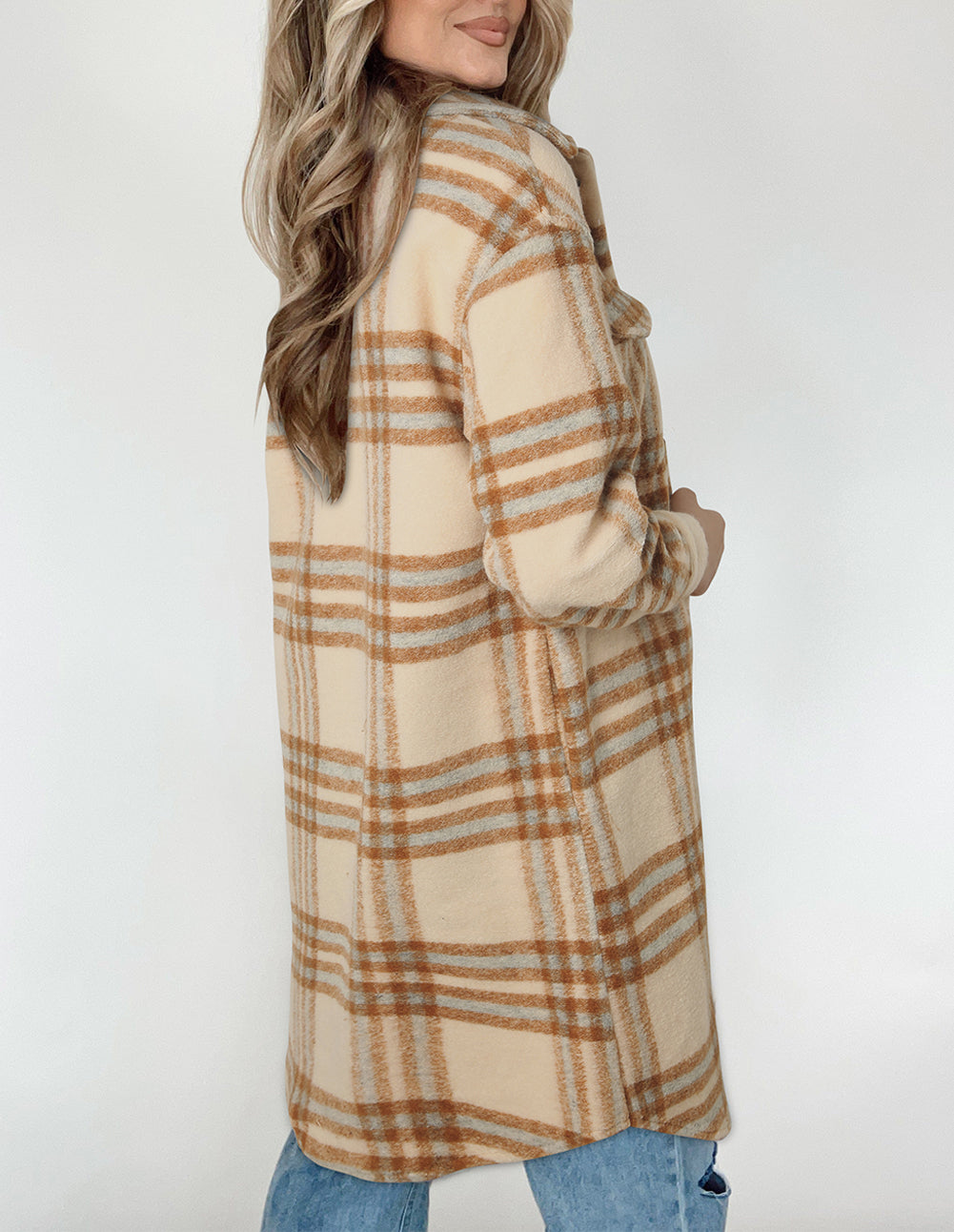 Plaid Print Flap Pockets Button-up Long Jacket