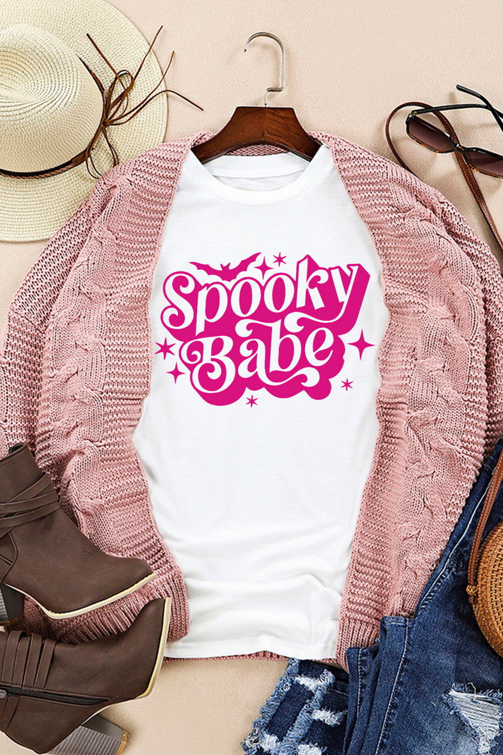 Spooky Babe Bat Print Halloween Crewneck T Shirt