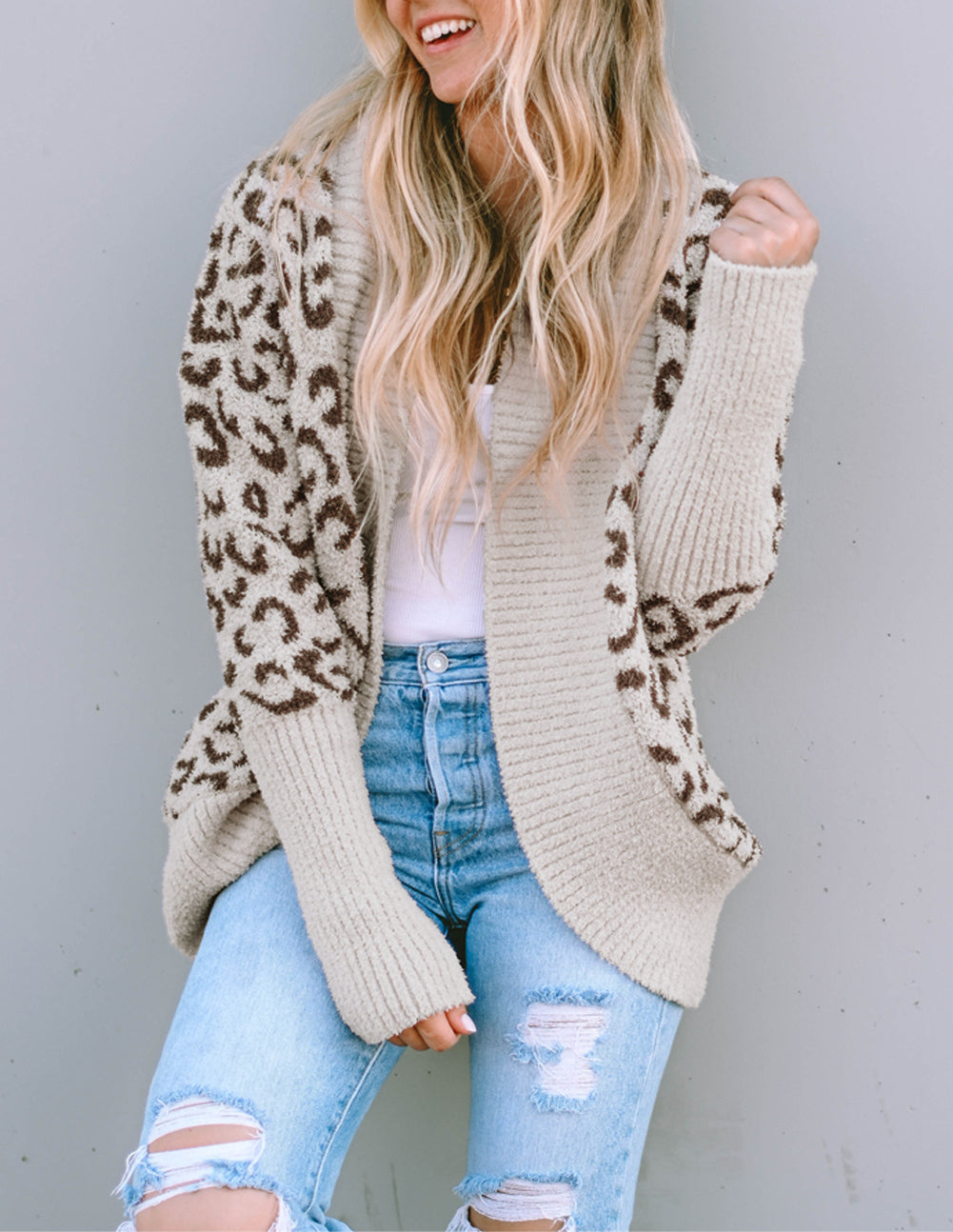 Fuzzy Leopard Ribbed Trim Lapel Collar Cardigan