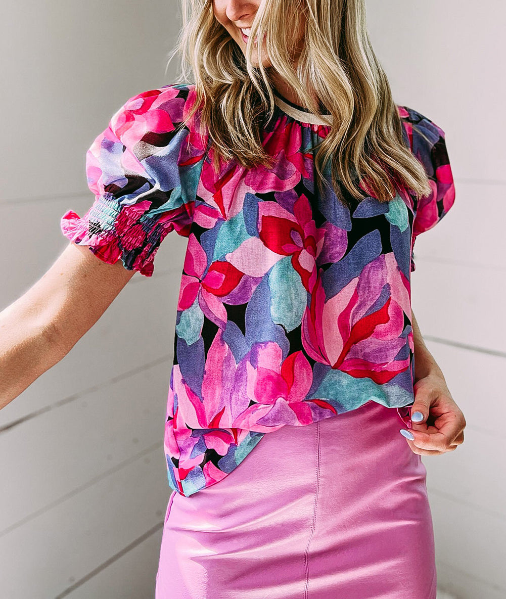 Red Floral Print Shirred Puff Sleeve Blouse
