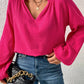 Rose Crinkle Split Neck Puff Sleeve Blouse
