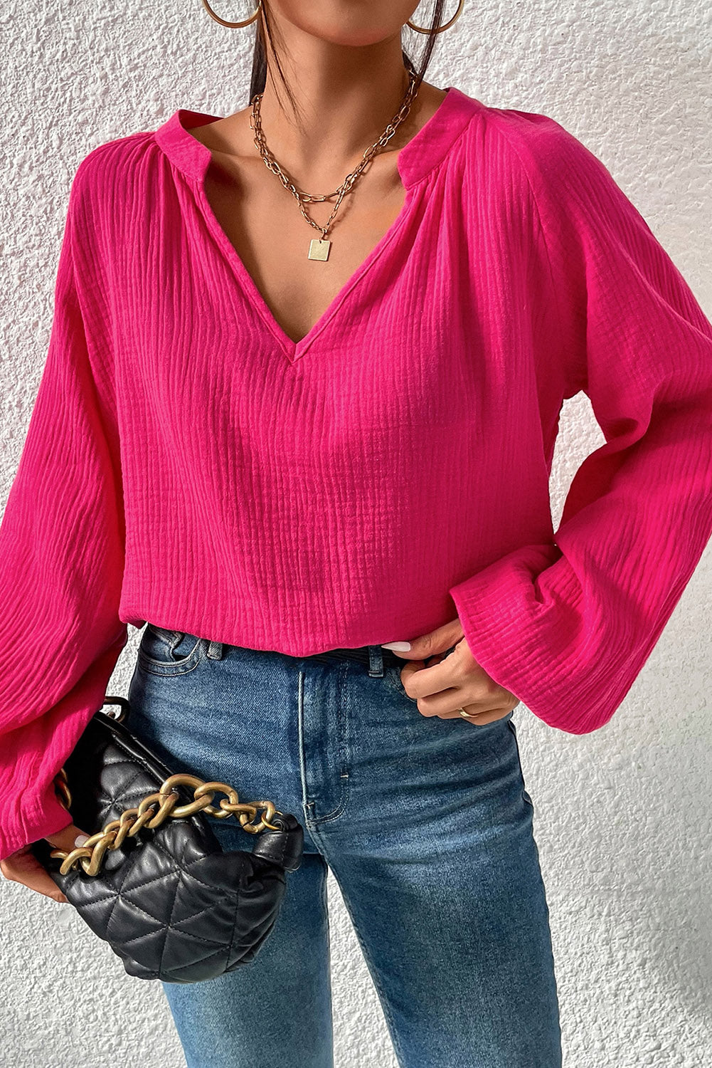 Rose Crinkle Split Neck Puff Sleeve Blouse