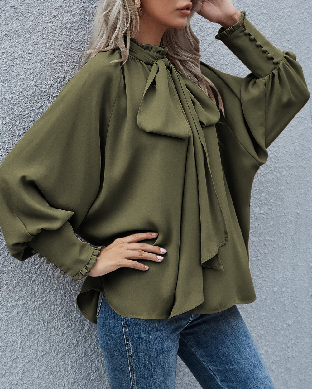 Frilled Knotted Mock Neck Bishop Sleeve Blouse