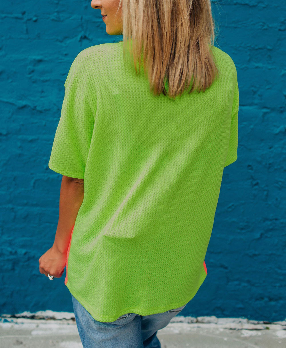 Color Block Leopard Waffle Knit Patchwork T-Shirt