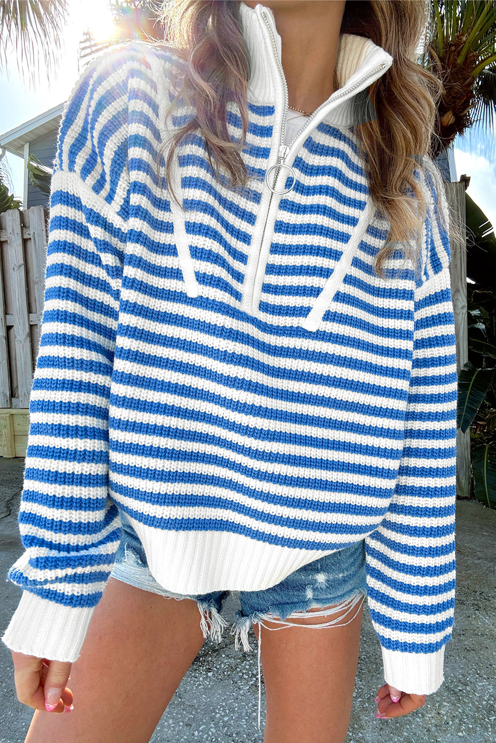 Stripe Zip up Collar Drop Shoulder Sweater