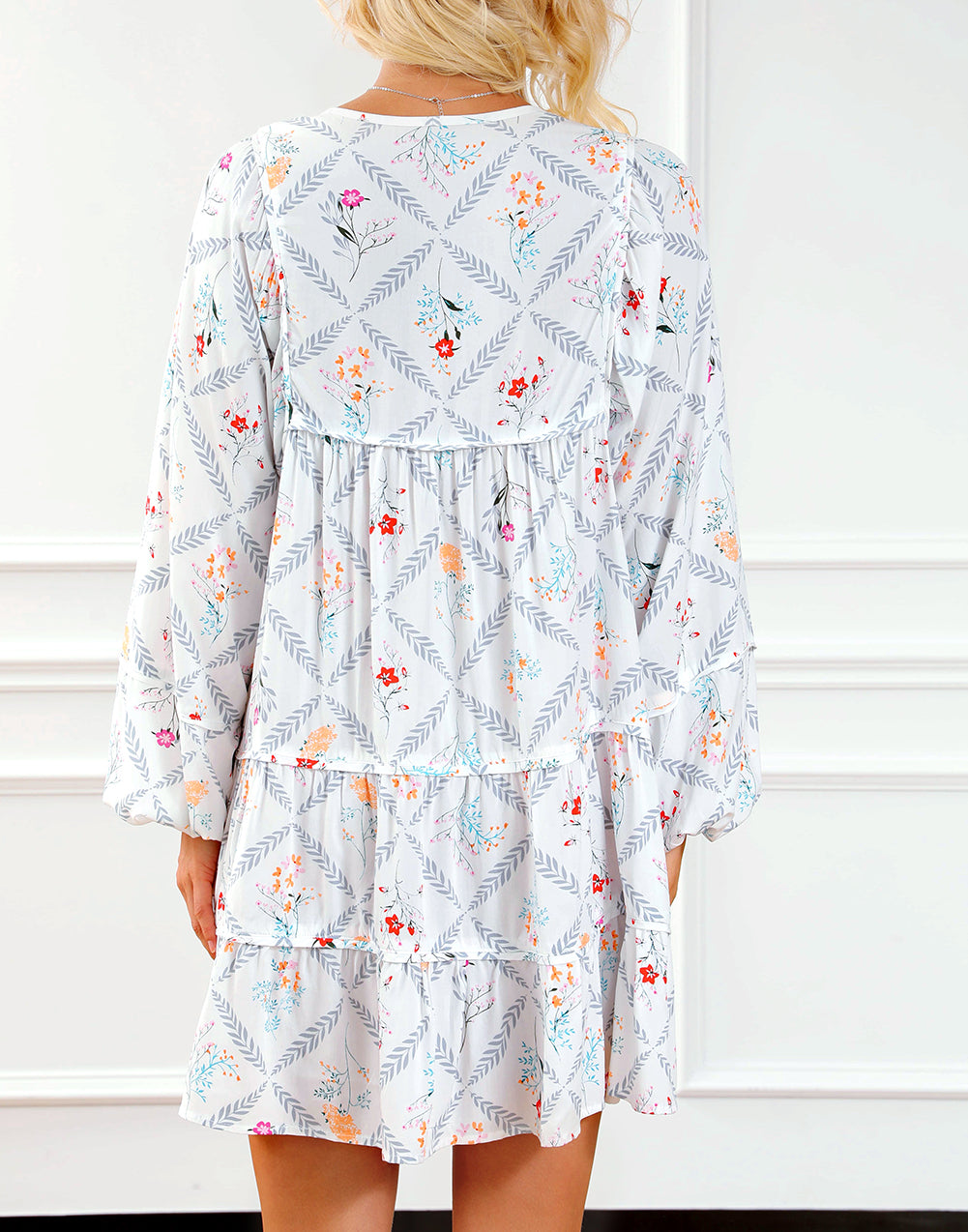 Tassel Tie Split Neck Boho Floral Ruffle Dress