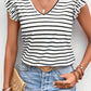 Stripe Butterfly Sleeve V Neck Hollowed Knot Back T Shirt