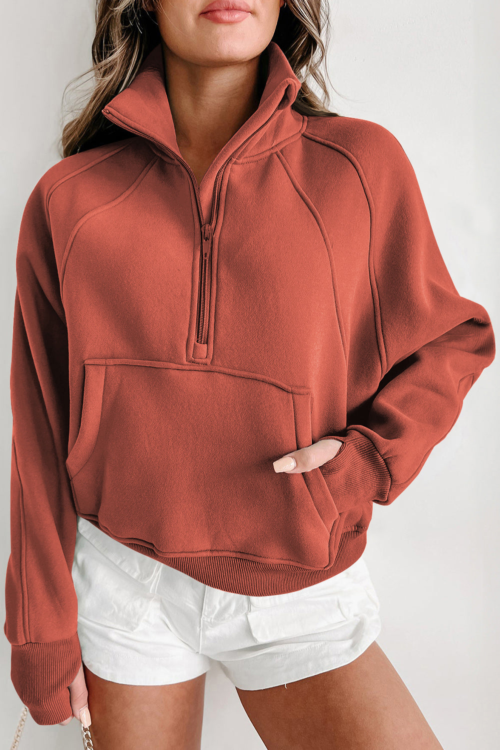 Zip Up Stand Collar Ribbed Thumbhole Sleeve Sweatshirt