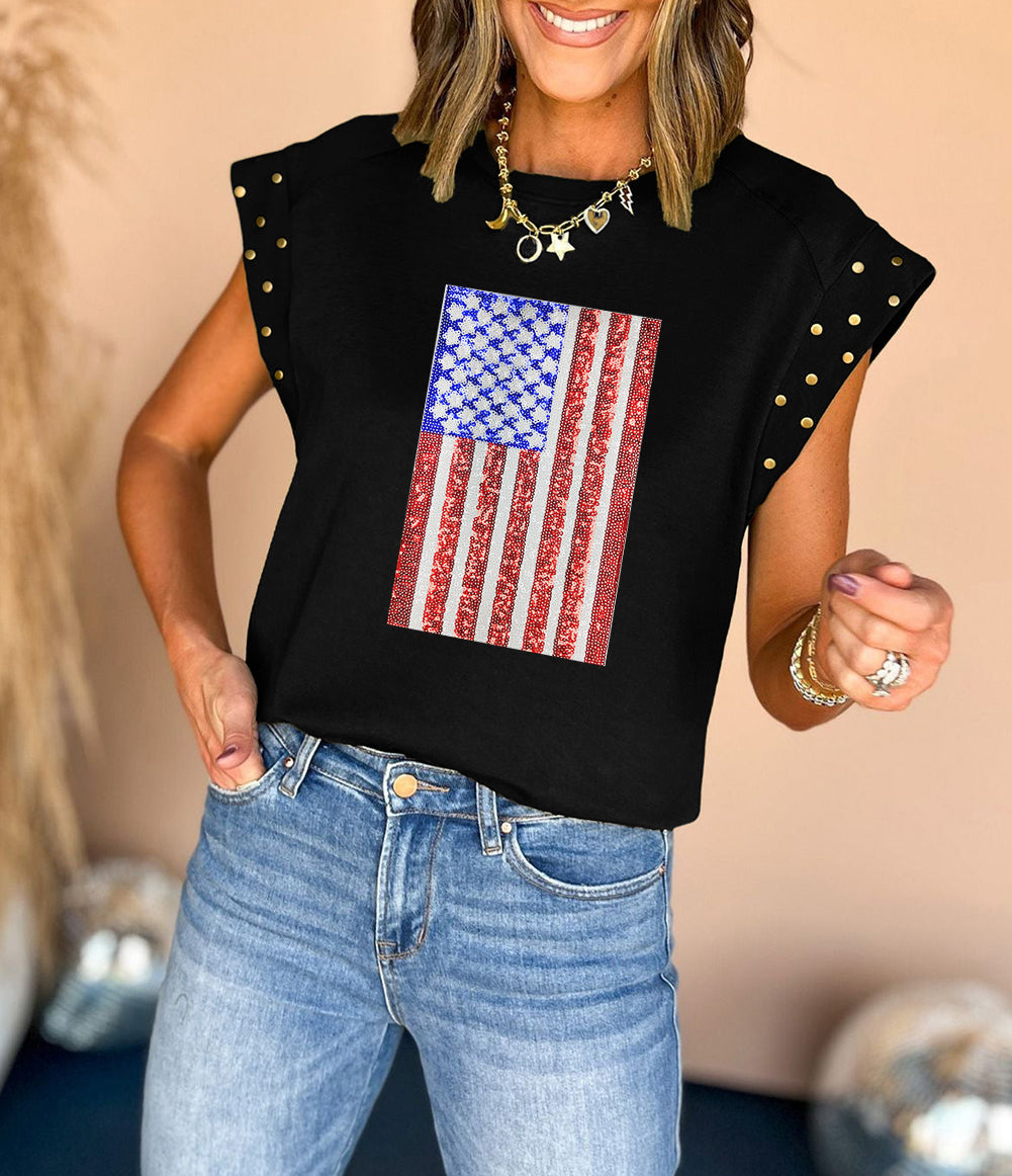 Sequined American Flag Graphic Studded Cap Sleeve T Shirt