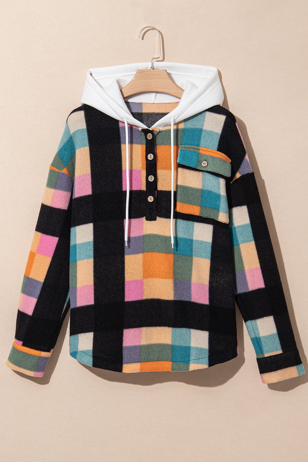 Plaid Color Block Flap Pocket Buttoned Hoodie