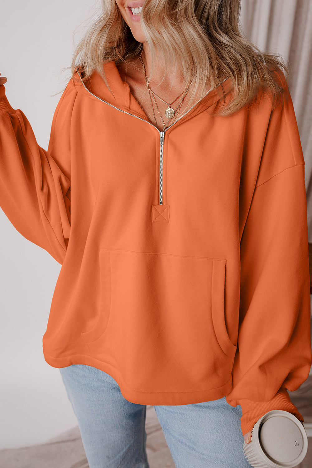 Fleece Lined Half Zipper Kangaroo Pockets Loose Hoodie