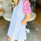 Stripe Contrast Floral Puff Sleeve Tiered Ruffle Dress