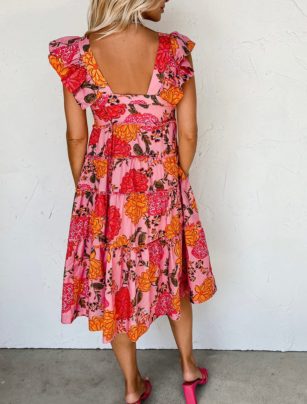 Floral Square Neck Ruffled Flutter Sleeve Tiered Midi Dress