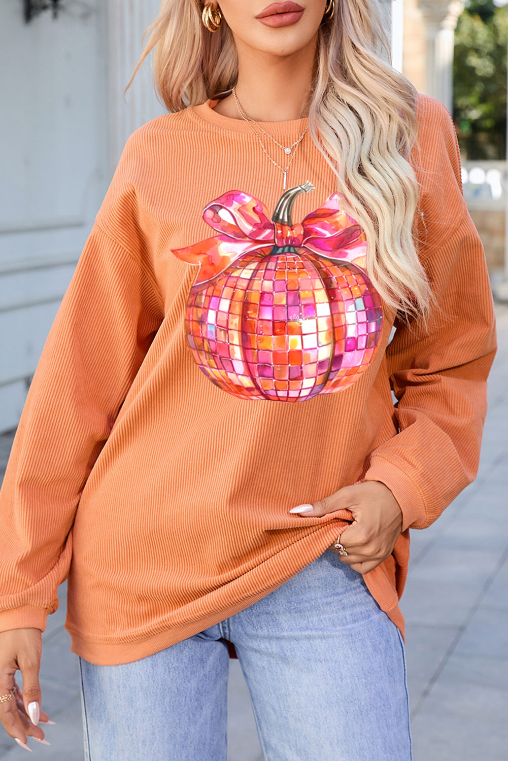 Bow Pumpkin Graphic Crewneck Corded Thanksgiving Sweatshirt