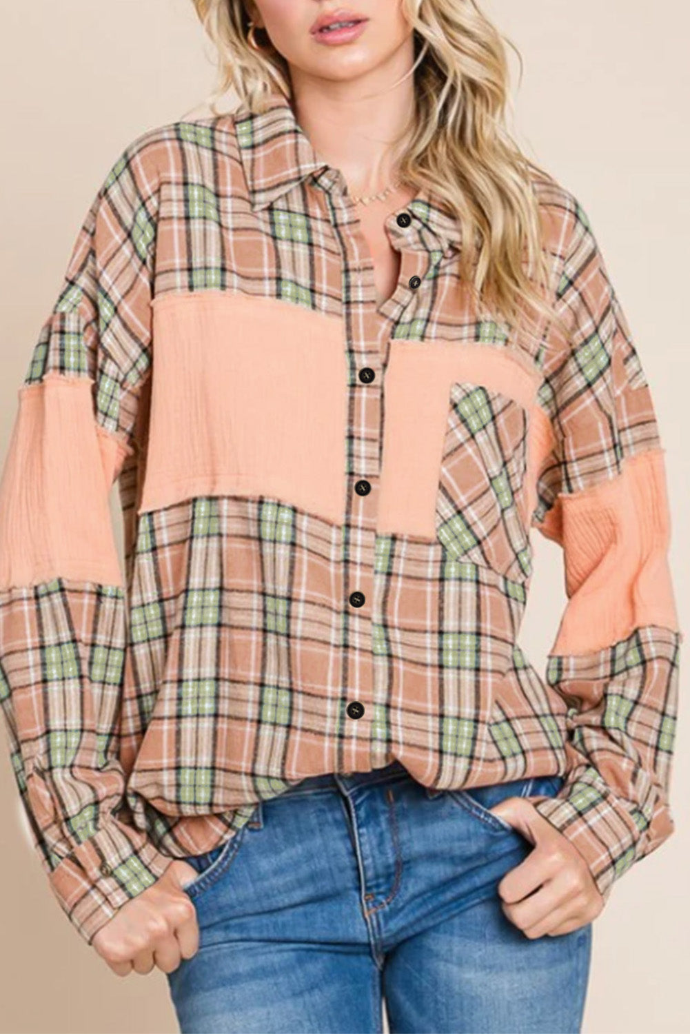 Crinkled Patchwork Plaid Print Oversized Shirt